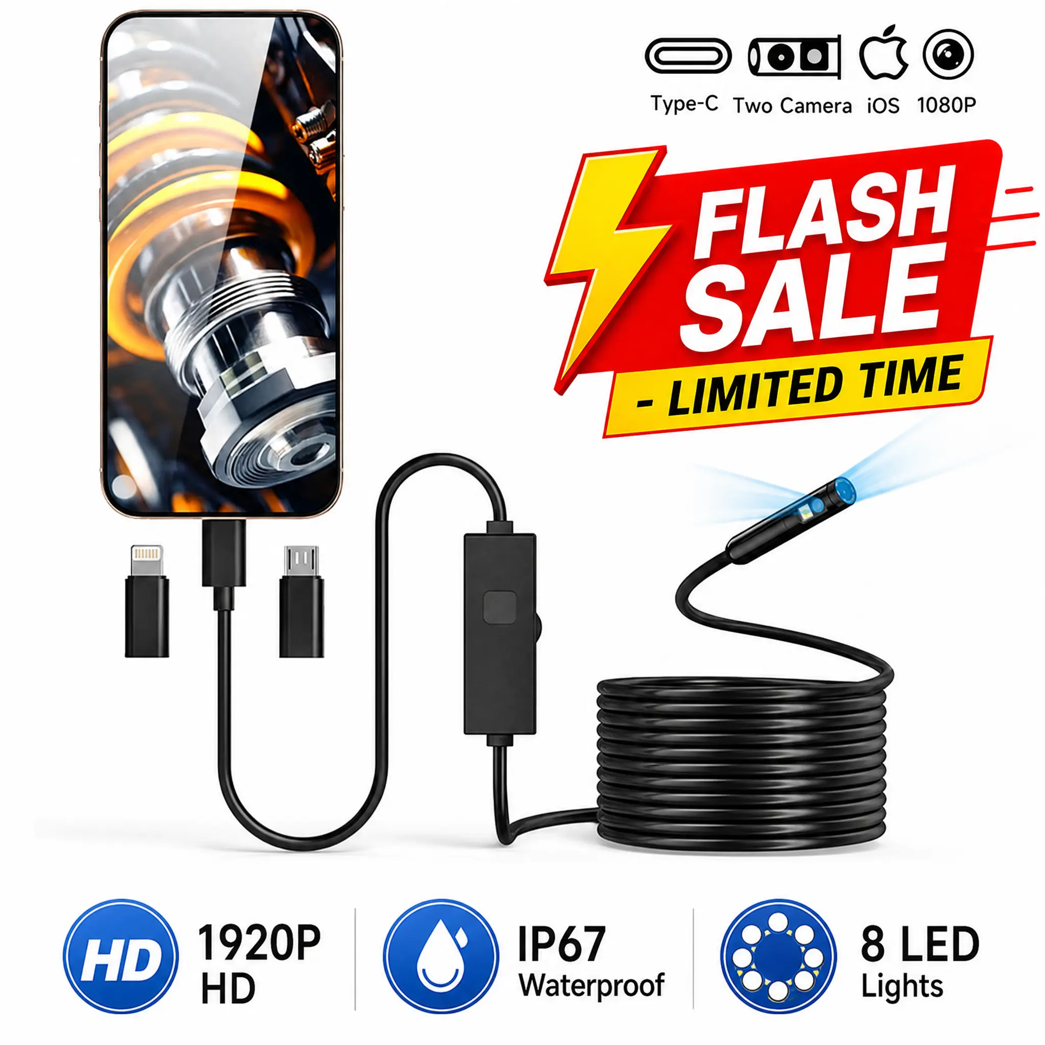 16.4ft (5m) Extra Long Dual Lens Borescope Endoscope Camera, 1920P HD Clarity Flexible Snake Automotive Diagnostic Tool with 8LED Dark Light, IP67 Waterproof for iPhone & Android, Cylinder Wall Check