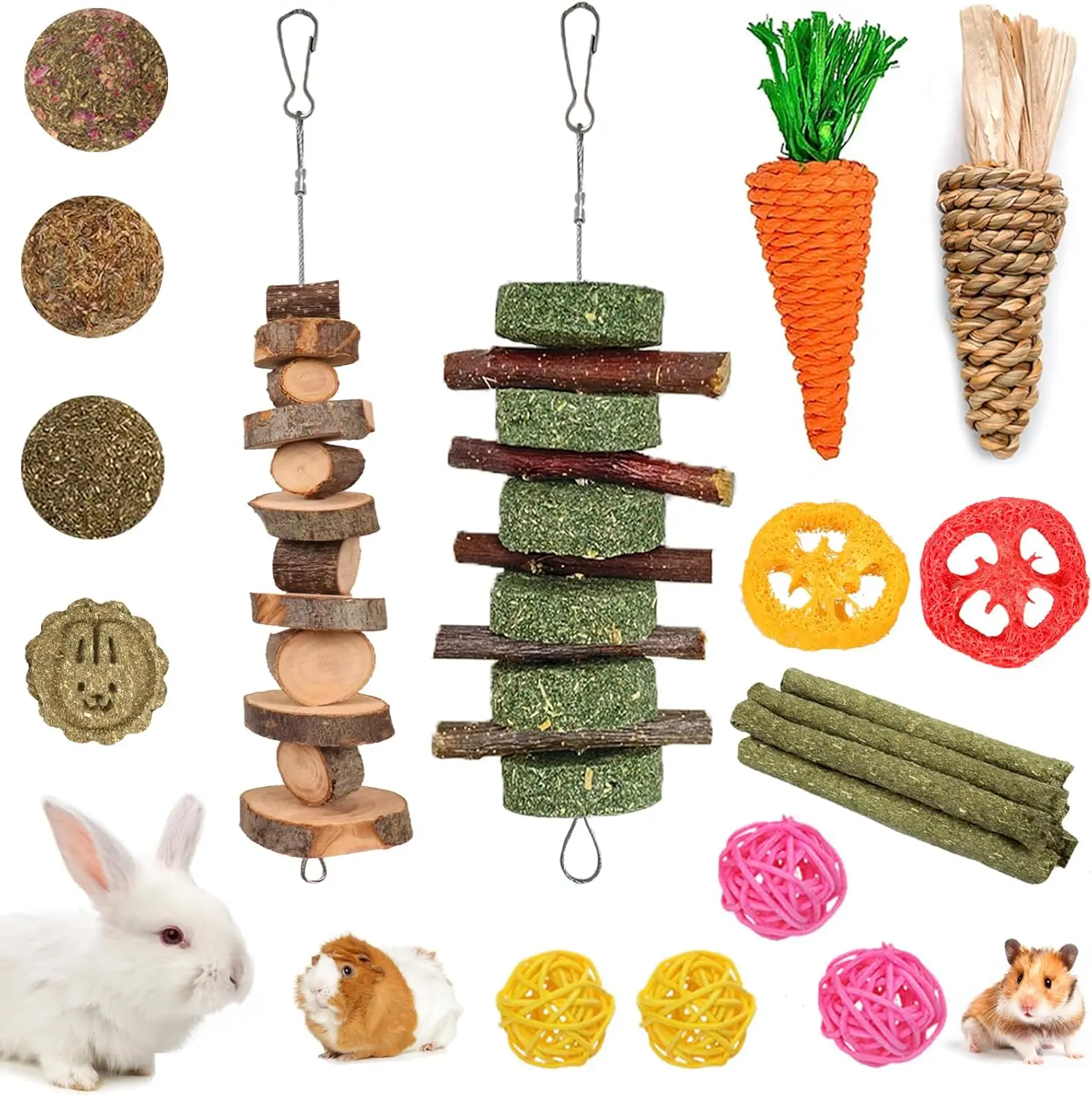 Grddaef 20 PCS Bunny Chew Toys for Teeth Natural Rabbit Toys Apple Wood Grass Timothy Sticks Chew and Treat for Guinea Pigs Hamster Chinchillas