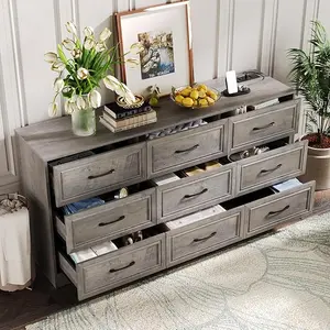 [SummerVibes] Vabches Wooden Storage Cabinet 9 Drawer Wide Dresser Organizer with Charging Station Tall Dresser for Hallway Wood Dresser with Metal Handles