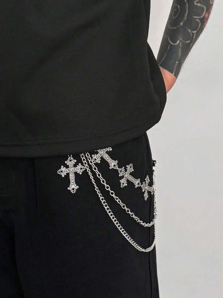 1pc Gothic Style Multi-Layer Cross Pendant Tassel Geometric Chain Body Chain, Retro Hip-Hop, Suitable For Festivals, Parties, Casual Wear, Street Photography, Men's/Couple's Birthday, Banquet, Versatile Charm Jewelry Waist Chain Gift