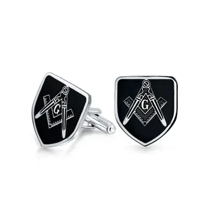 Freemasons Compass Shield Masonic Cuff Links For Men Blue Black Two Tone Silver Gold Stainless Steel