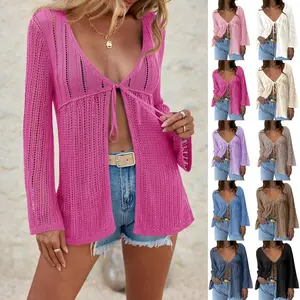 Danedvi Womens Summer Lightweight Tie Front Cardigans Crochet Knit Long Bell Sleeve Casual V Neck Beach Cover Ups