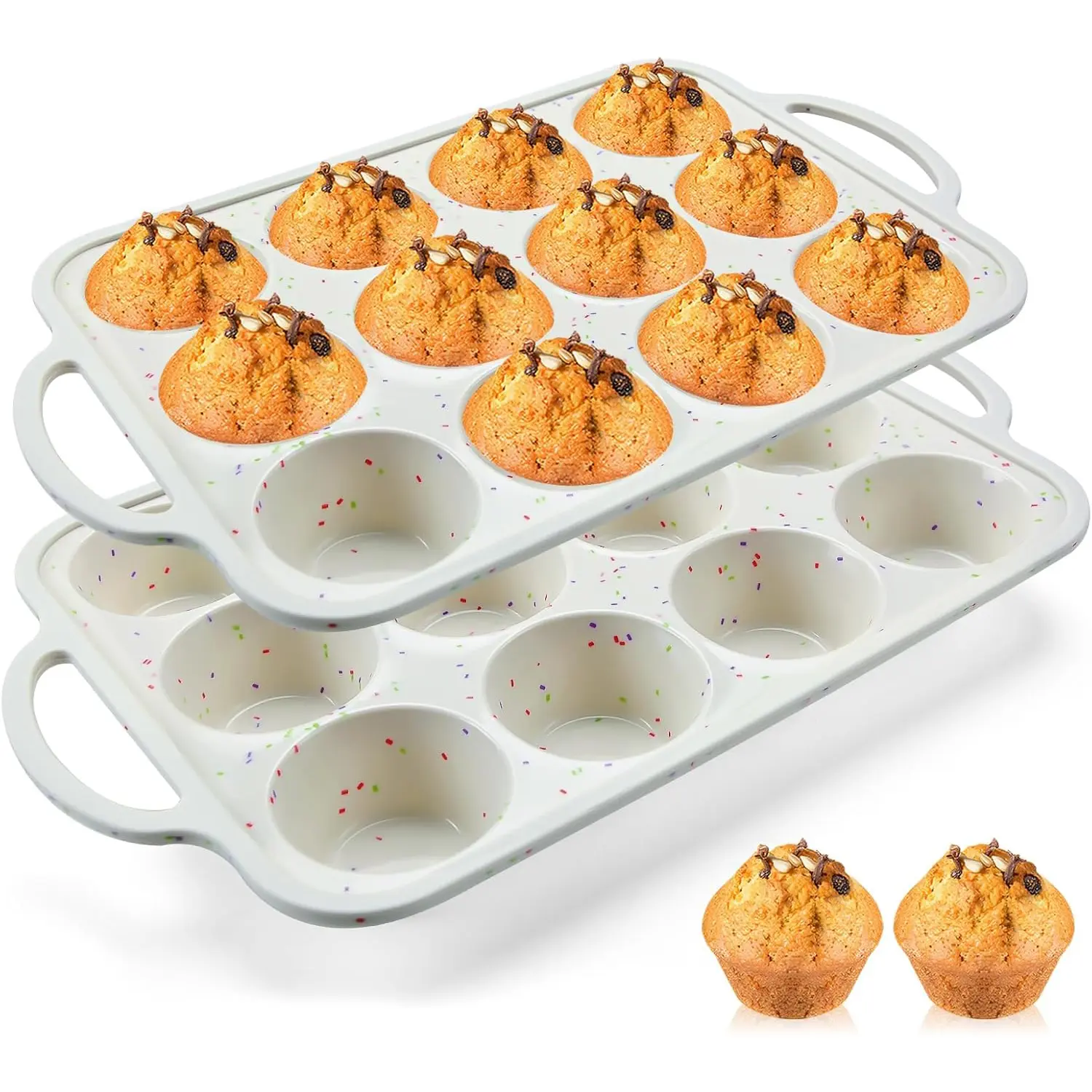 2PC Silicone Muffin Pans, 12-Cup Cupcake Pans with Metal Reinforced Frames, Regular-Size Cupcake Pans, Oven and Dishwasher Safe, Flexible Silicone Baking Molds, Bakery Molds for Baking Muffins, Cupcakes and Egg Bites, Bakeware