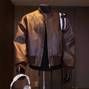 Men's Faux Leather Jacket - 2026 Autumn Hong Kong Style Vintage, Baseball Collar Biker Coat, Trendy Handsome Casual Streetwear Outerwear, Gooner Eat Sleep Goon Repeat Tops, Menswear Dark Brown Faux Leather Outerwear