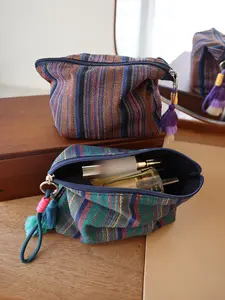Colorful Striped Fringe Hanging Makeup Bag, Ethnic Style Zip Travel Portable Storage Pouch, Inner Lining Handbag for Girls, Portable Cosmetic Bag, Handheld Cosmetic Pouch
