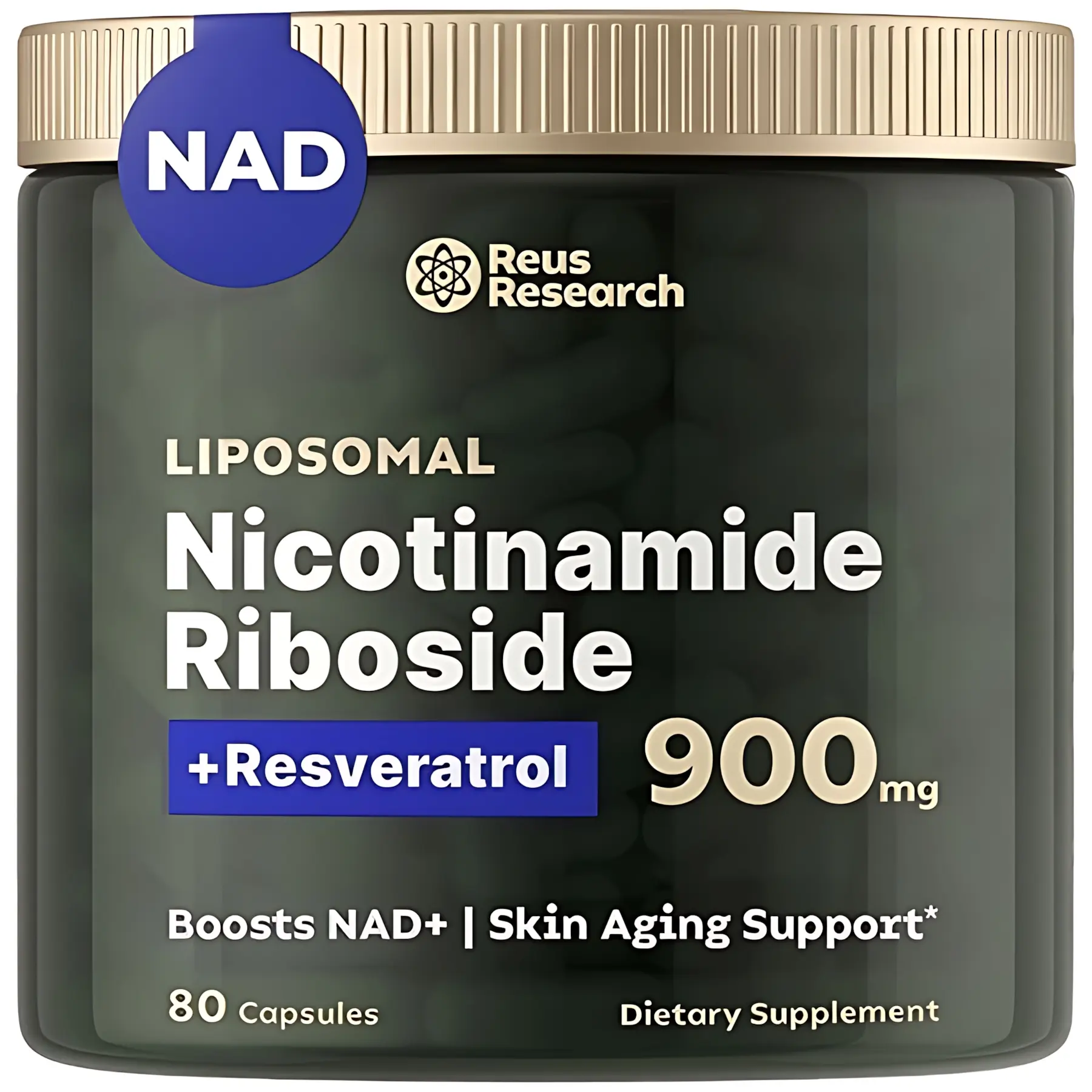Reus Research NAD+ Nicotinamide Riboside 900mg, Liposomal NAD with Resveratrol, Skin Aging Support Supplement, 80 Capsules