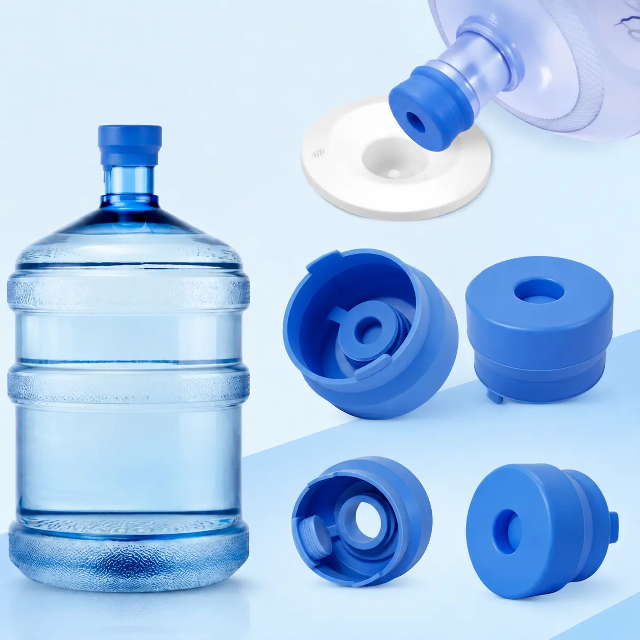 3/5 Pcs Reusable Silicone Water Jug Cap, Spill-Proof Dust-Proof Replacement Water Bottle Lid, Drinkware Accessories for Home Office Dorm, Blue-YY1
