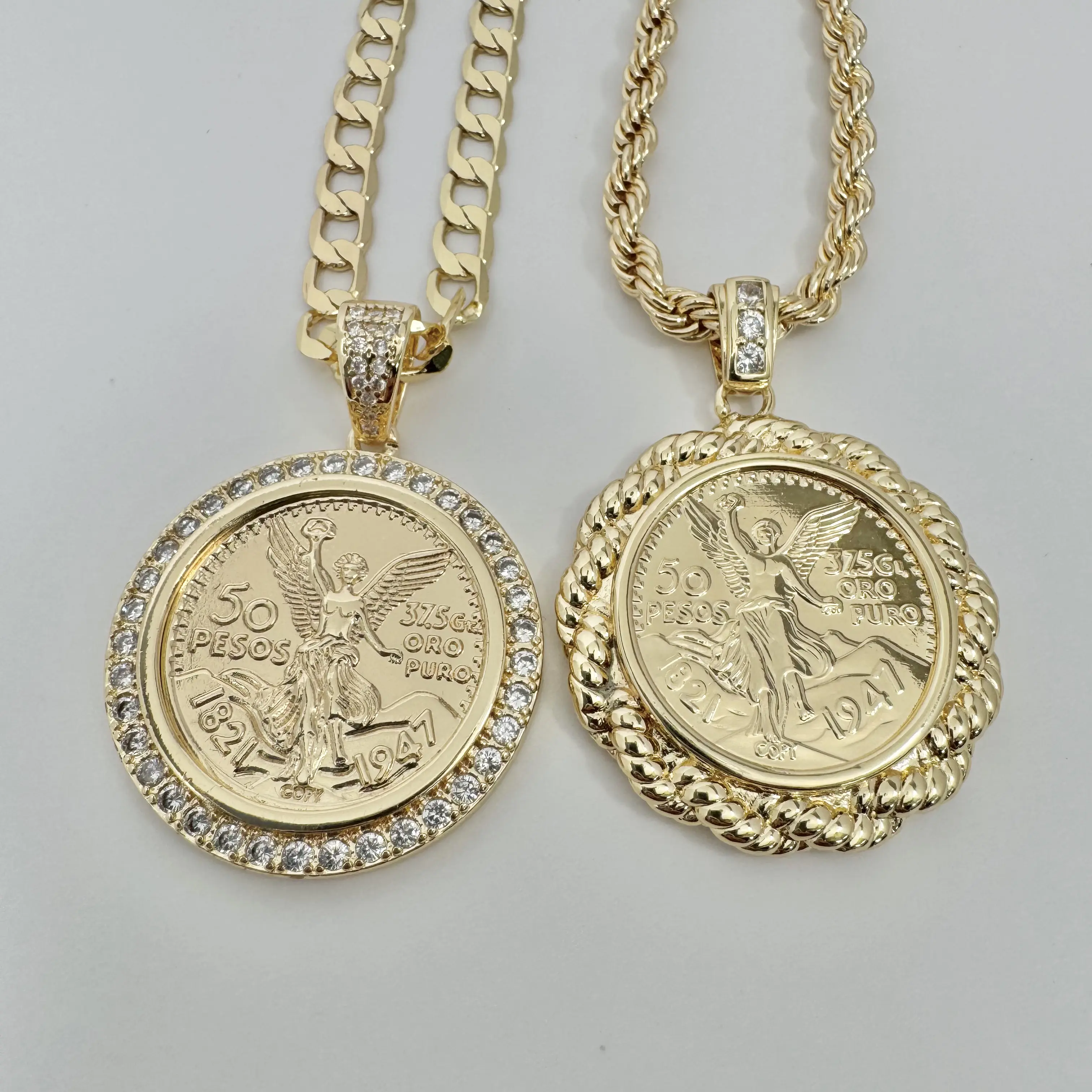 Mini Centenario 14k Gold Plated Mexican 50 Pesos Coin Cuban Rope Necklace No Fade
