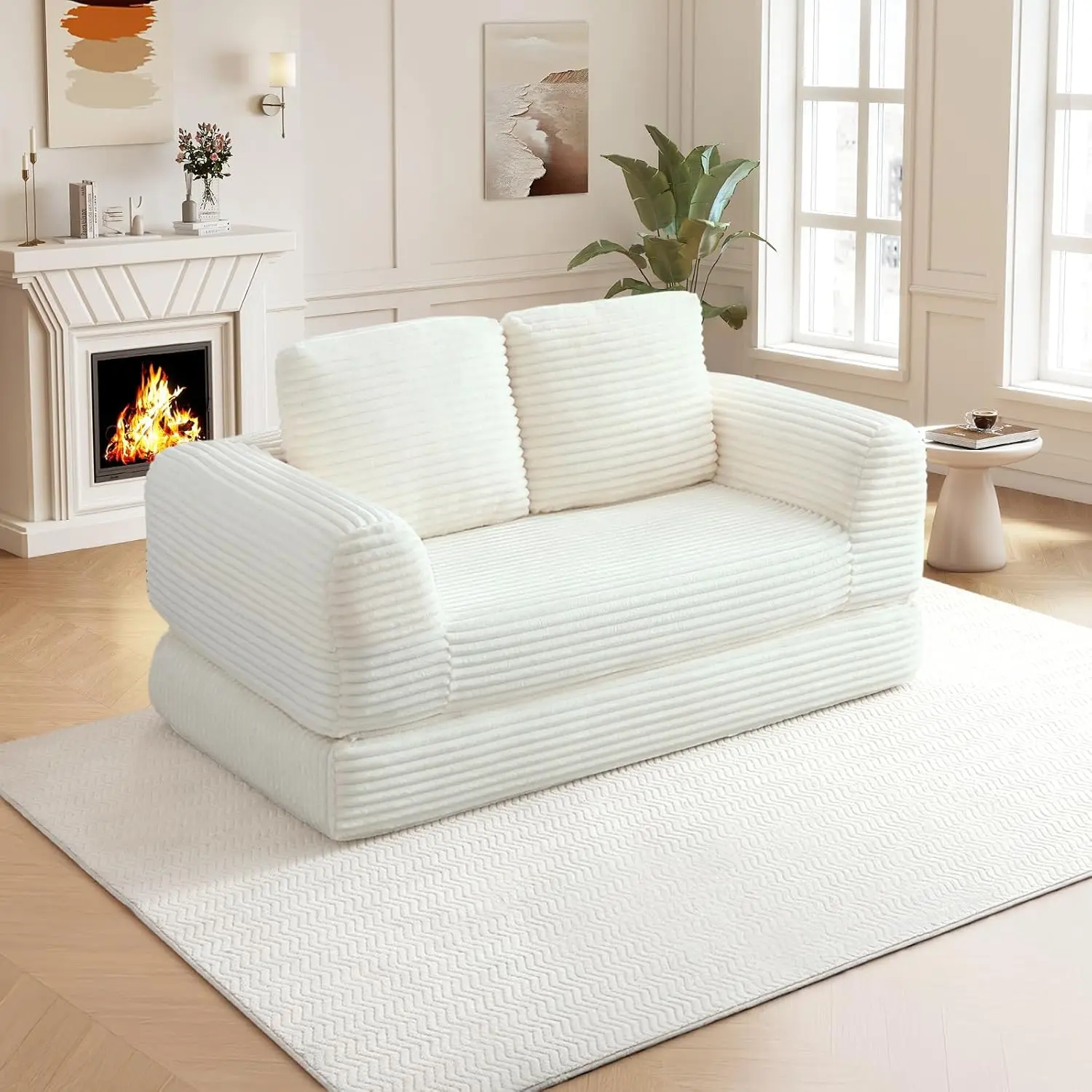 63" Loveseat Sofa, 2-in-1 Folding Convertible Sofa Bed, Modern Corduroy Sleeper Couch with 2*Pillows, Futon Modular Upholstered Boneless Loveseat with Pull-Out Bed,Folding Floor Modular Couch for Living Room, Beige