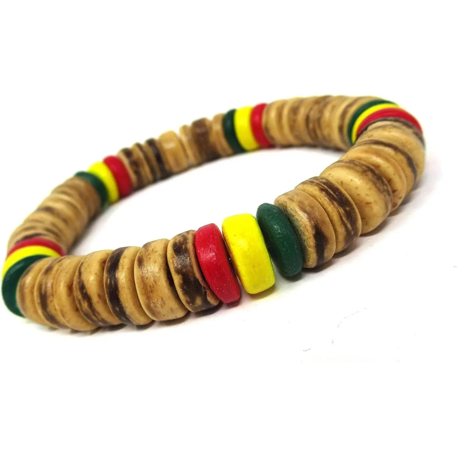 Rasta Wood Beaded Bracelet - Unisex Stretch Cord Handmade Reggae Jewelry Boho Style with Authentic Coconut Wood Beads for Men Women