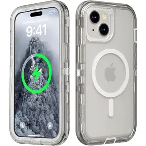 for iPhone 15 Plus Case, Compatible with MagSafe, Durable Dual Layer Transparent Magnetic Phone Cases, Heavy Duty Shockproof and Anti-Drop Protective Cover for iPhone 15 Plus, 6.7'', Gray