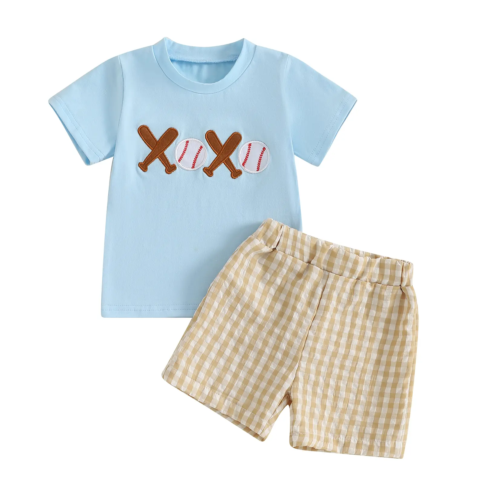Baby Boy 2-Piece Baseball Outfit, Cute Casual Clothing - Short-Sleeve Baseball Bat Embroidery T-Shirt, Plaid Shorts Set for Infant Summer Wear, Sporty Baby Boys Gift Sets