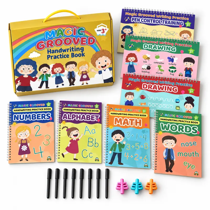 Interactive Magic Grooved Handwriting Practice Books for Unisex Kids Ages 3+, 7 Reusable Tracing Books, 7 Disappearing Ink Pens, 3 Pencil Grips, Preschool Learning Supplies, Visual Learning Tool