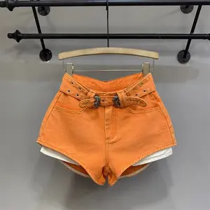 Women's High Waisted Orange Denim Shorts Double Belted Western Style Jeans