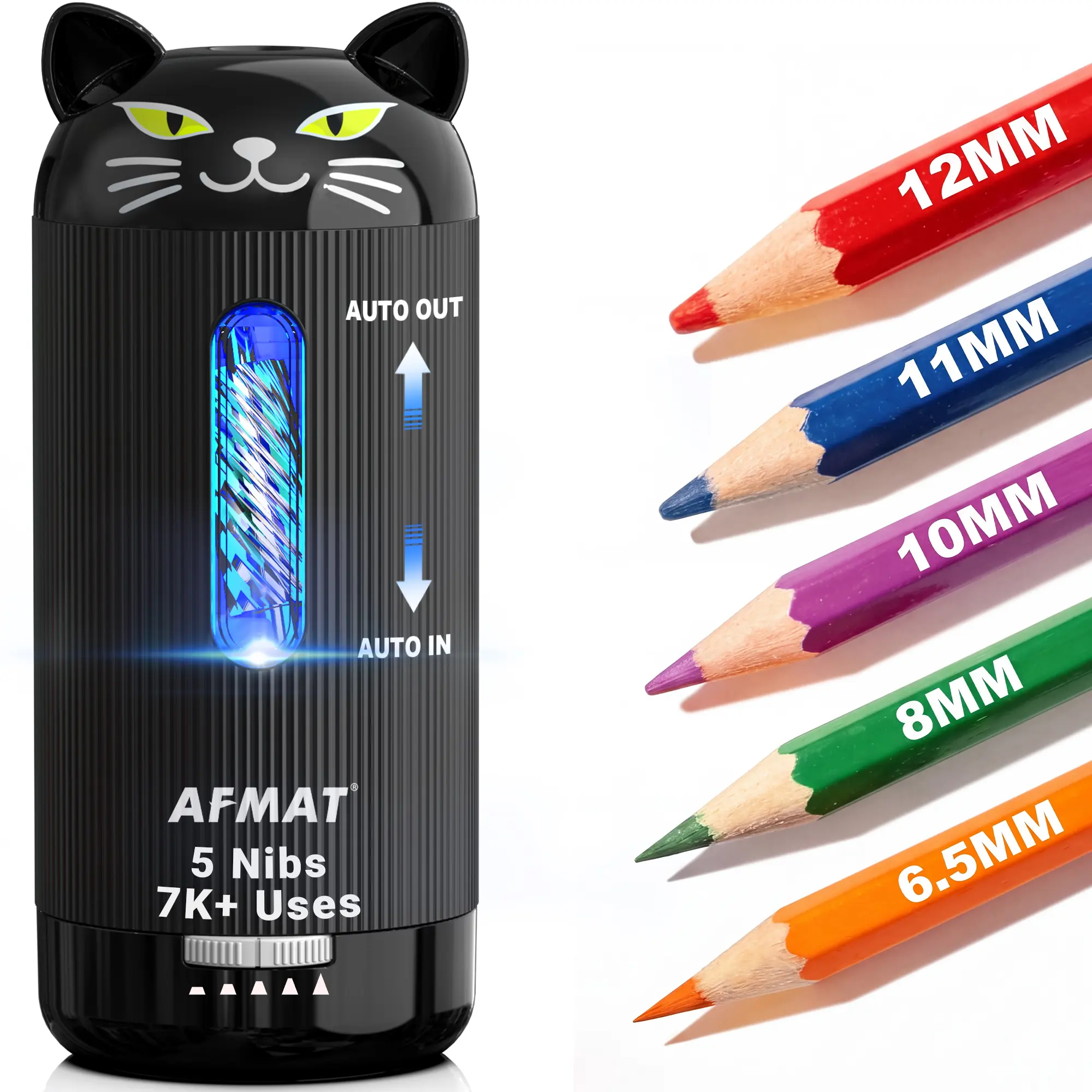 AFMAT Cute Black Cat Animal Character Electric Sharpener, Rechargeable Auto-Feed & Auto-Eject, 5 Sharpness Settings, Fits 6.5-12mm Pencils, Animal Character Pencil Sharpeners