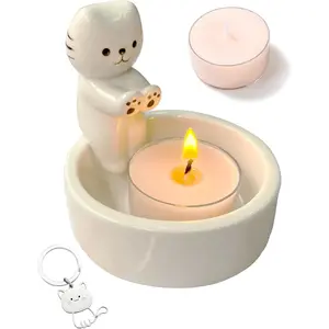 Cat Candle Holder, Cute Cartoon Kitten Scented Candles Candle Lamp, Handmade Ceramic Candlestick,Cartoon Cute Scented Candle Sticks Holder Decor, Gift for Cat Lover - Aromatherapy Candle Included