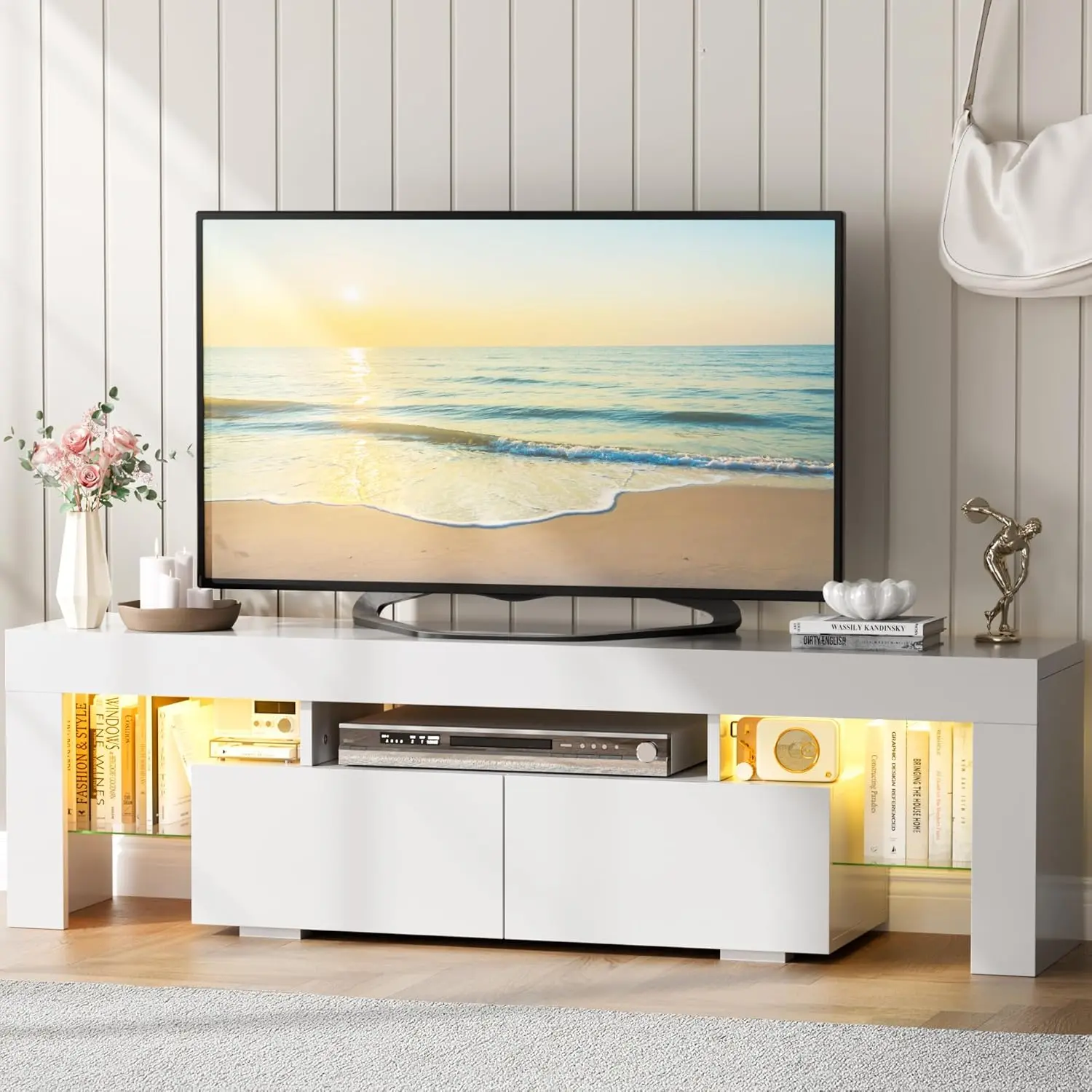 Furmax Modern TV Stand - 63 in RGB LED Lights Media Console with Glass Shelves & 2 Drawers, TV Cabinet Table Fits 70 in Screen, Modern Tv Stands