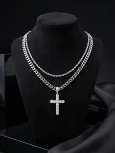 Hip Hop Twist Chain Necklace, Rhinestone Decorated Necklace, Rhinestone Cross Pendant, Stainless Steel Jewelry, Perfect for Birthdays, Mother's Day, Couples Gifts