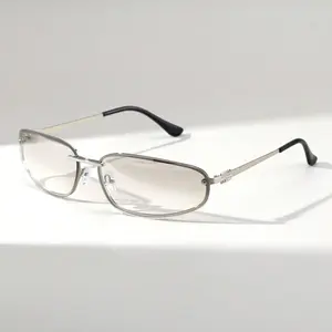 Women's Y2K Slim Narrow Oval Sunglasses, Thin Polished Metal Frame, Gradient Clear Brown Lenses, Embossed Text Temples, UV400 Protection, Daily Street Use, Multiple Color Options