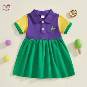 Toddler Girls Carnival Dress Fashionable Short Sleeve Turn Down Collar Crocodile Embroidery Dress
