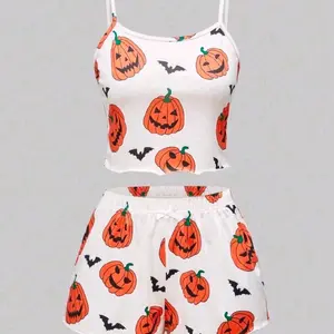 Women's Halloween Pumpkin & Bat Pajamas Set Womenswear Pjs Nightwear