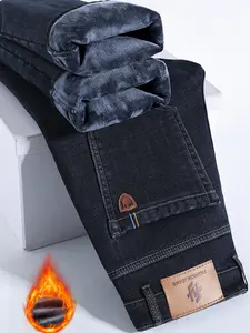 Men's Fleece Lined Denim Jeans, Loose Straight Leg Long Pants, Warm Cotton Elastic Fashion for Fall & Winter