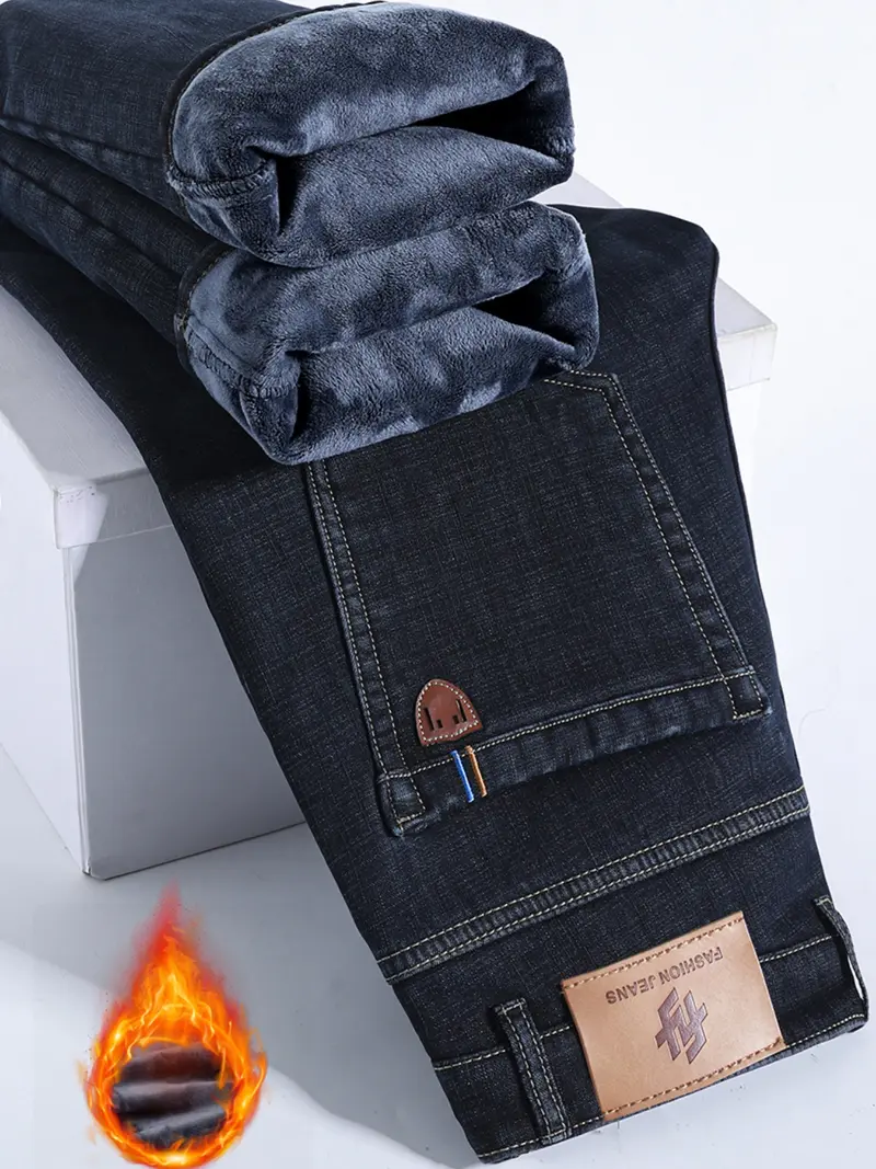 Men's Fleece Lined Denim Jeans, Loose Straight Leg Long Pants, Warm Cotton Elastic Fashion for Fall & Winter