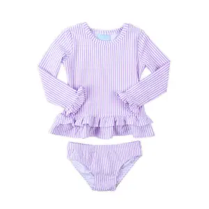 Classic Whimsy Girls' Long-Sleeve Santorini Purple Striped Pattern Rash Guard Set with Ruffled Design