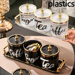 Nordic-Inspired Plastic Serving Tray Set for Dried Fruits & Breakfast Candy Jar Candy Server - Ideal for Home, Kitchen, and Restaurant Use Bottles Organiser Tin Canister Cream Yellow Decal Black English