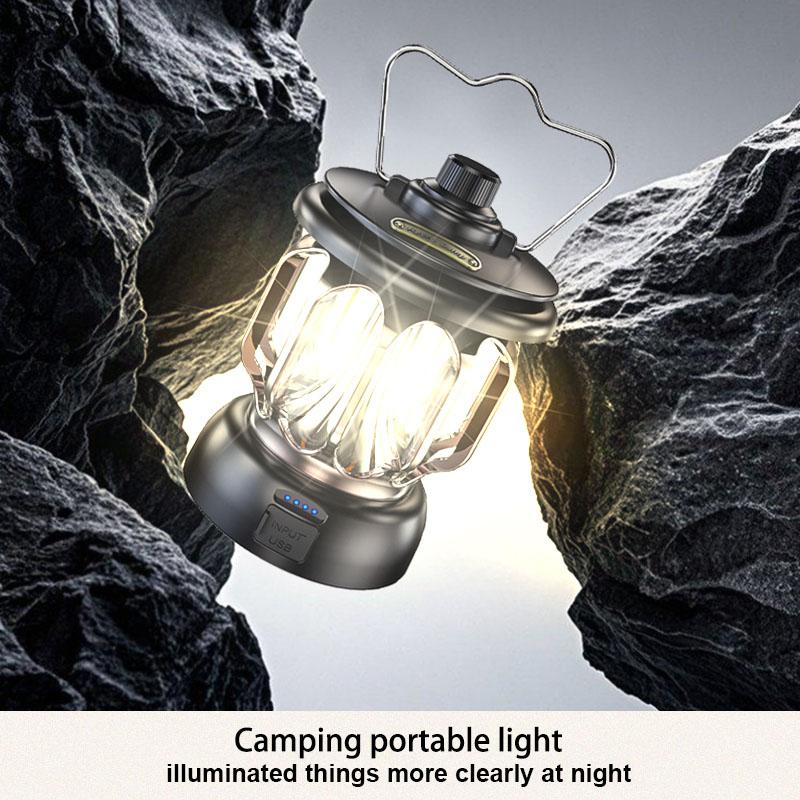 Vintage-style camping lamp, atmospheric portable lantern, flashlight with a metal hook for hanging, USB rechargeable with power output function, very suitable for fishing, household power outages, desktop lighting and emergency lighting