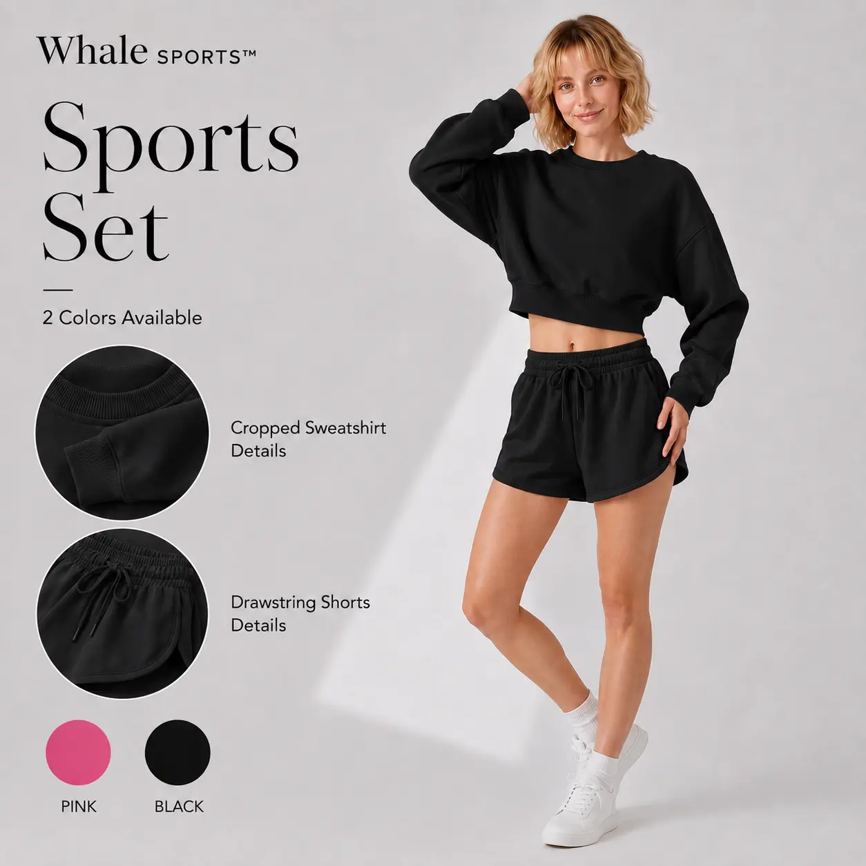 A 1 0Women's Unisex Minimalist Solid Crew Neck Knit Sweatsuit Set - Loose Long-Sleeve Top, Adjustable Drawcord Shorts, Versatile Couple Matching Casual Athletic Wear