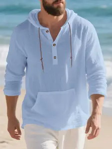 Autumn and Winter New Linen Fabric Men's Long-Sleeve T-Shirt, Loose Casual Minimalist Trendy Home Hooded Henley Shirt