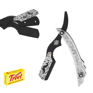 Silver Design Stainless Steel Professional Barber Men’s Shaving Folding Straight Edge Razor - Silver and Black - Holds a Double Edge Blade