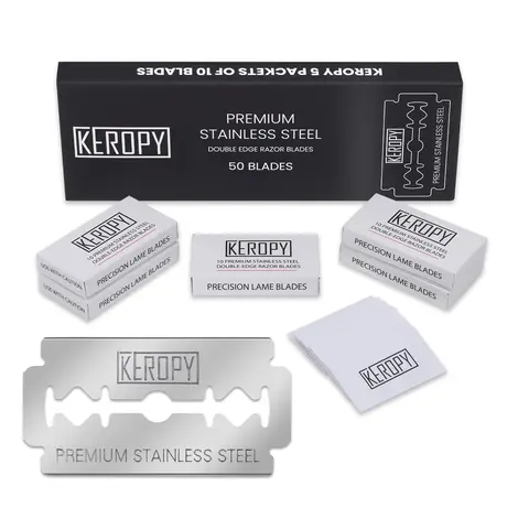 Keropy 50pcs Premium Stainless Steel Razor Blades Pack - Men's Shaving Tool, Shaving Accessories for Facial Hair Removal, Suitable for All Skin Types