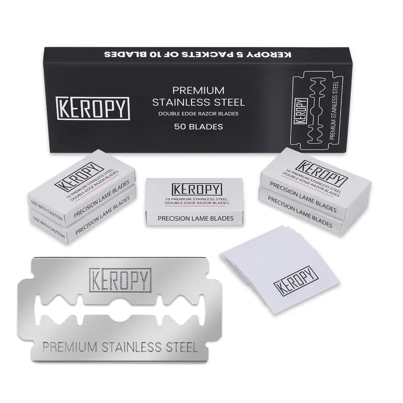 Keropy 50pcs Premium Stainless Steel Razor Blades Pack - Men's Shaving Tool, Shaving Accessories for Facial Hair Removal, Suitable for All Skin Types
