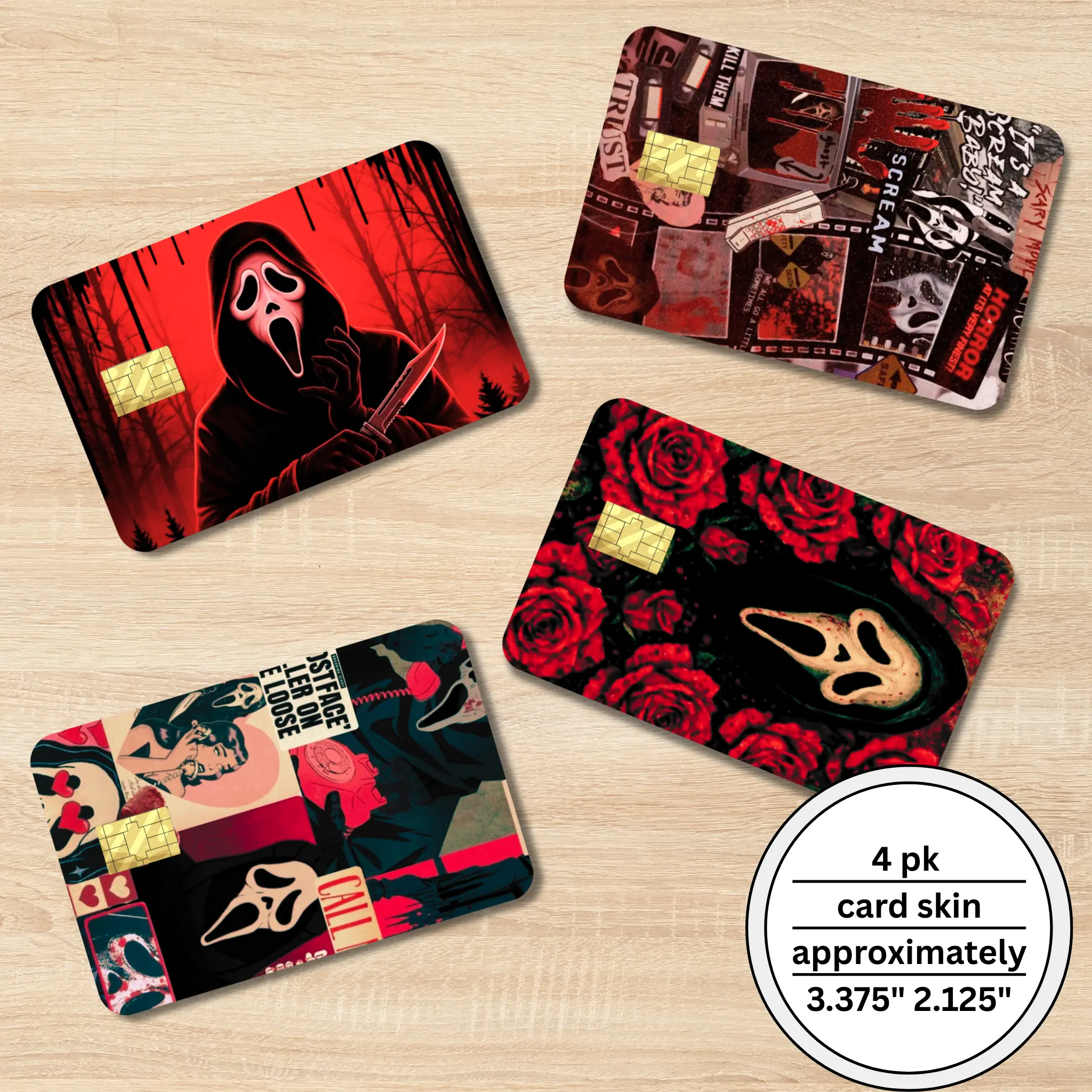 Handmade Ghostface Roses Holographic Card Stickers - 3.375in x 2.125in Horror Aesthetic Card Sticker Cover, Waterproof Vinyl Office Stationery, Scratch-Resistant, Removable, No Sticky Residue, Easy Application, Premium Quality