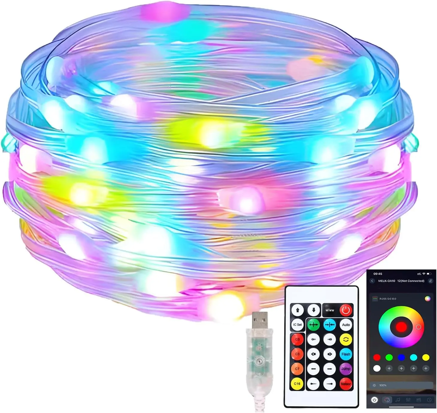 32.8ft RGB+IC Color Changing Fairy Lights, Bluetooth APP & Remote Control, USB Powered Music Sync Twinkle String Lights with Timer, IP67 Waterproof Dimmable Lights for Christmas Tree Indoor Outdoor Decor