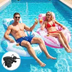 Inflatable Pool Floats for Adults, Heart Shape Pool Lounge Float Chair with Cup Holders and 50W Fast Electric Air Inflator, Blow up Floaties Pool Toys for Beach,Lakes, Pool Summer Singles Party