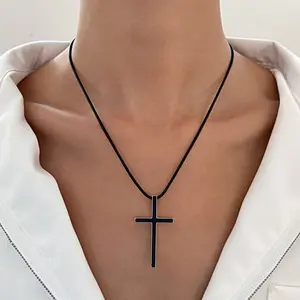 Large Cross Necklace for Men and Women Simple Leather Cord Chain Oil Drop Black Steel Edge Pendant Gift