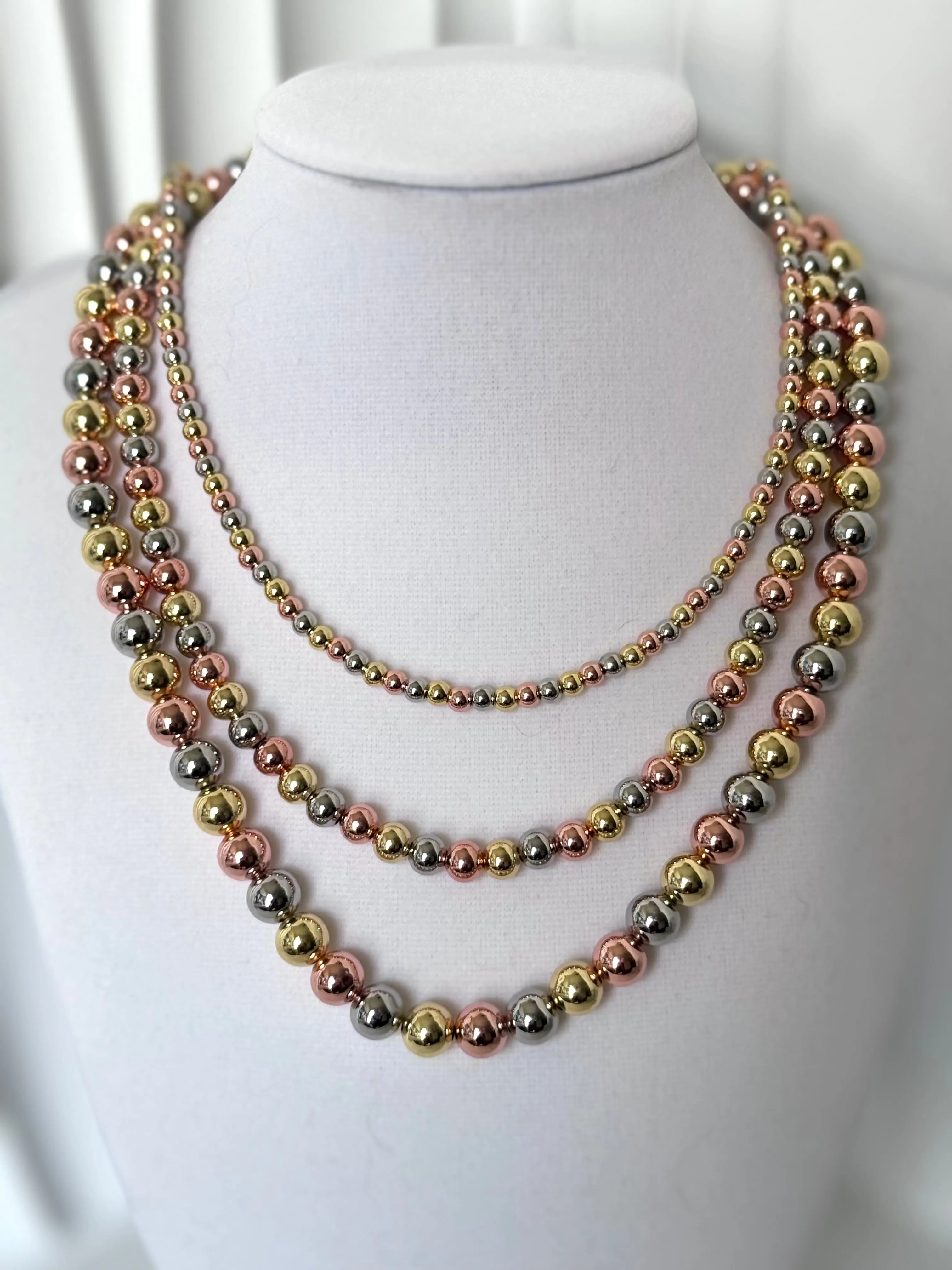 18K Gold Plated Three-Tone Beaded Necklace | Available in 4mm, 6mm and  8mm