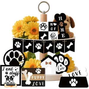 16 Piece Dog Themed Tiered Tray Decor Set, Cute Puppy Love Paw Wood Decorations, Bone Wood Sign Table Centerpiece for Dog Lovers