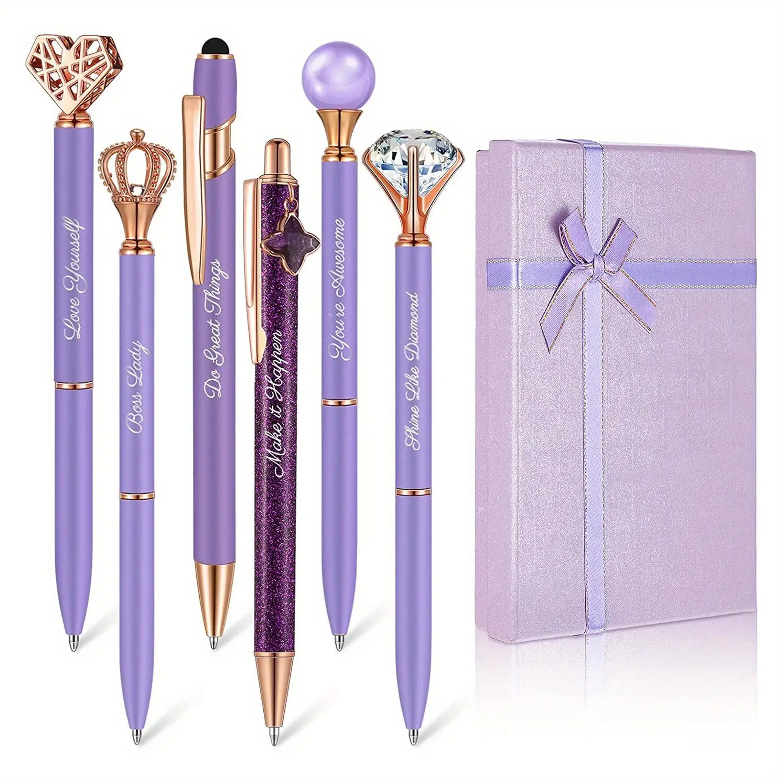Artificial Diamond Design Ballpoint Pen Set, 6 Counts Metal Glitter Decor Writing Pen with Box Packing, Smooth Writing Signature Pens for Students Sch