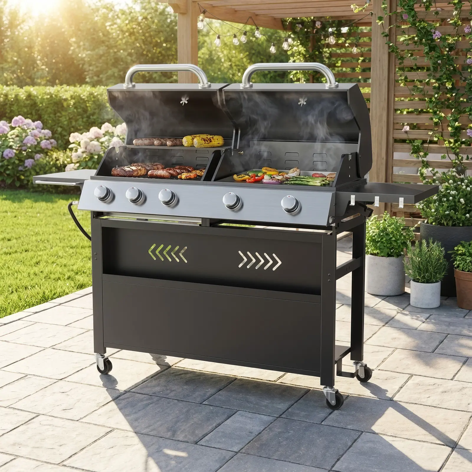 Belord 2-in-1 Grill Griddle Combo, 5 Burner Flat Top Griddle & Grill with 40000 BTU Output, Propane Gas Grill with Enameled Cast Iron Grate & Cast Iron Pan for Outdoor Kitchen, Backyard Barbecue