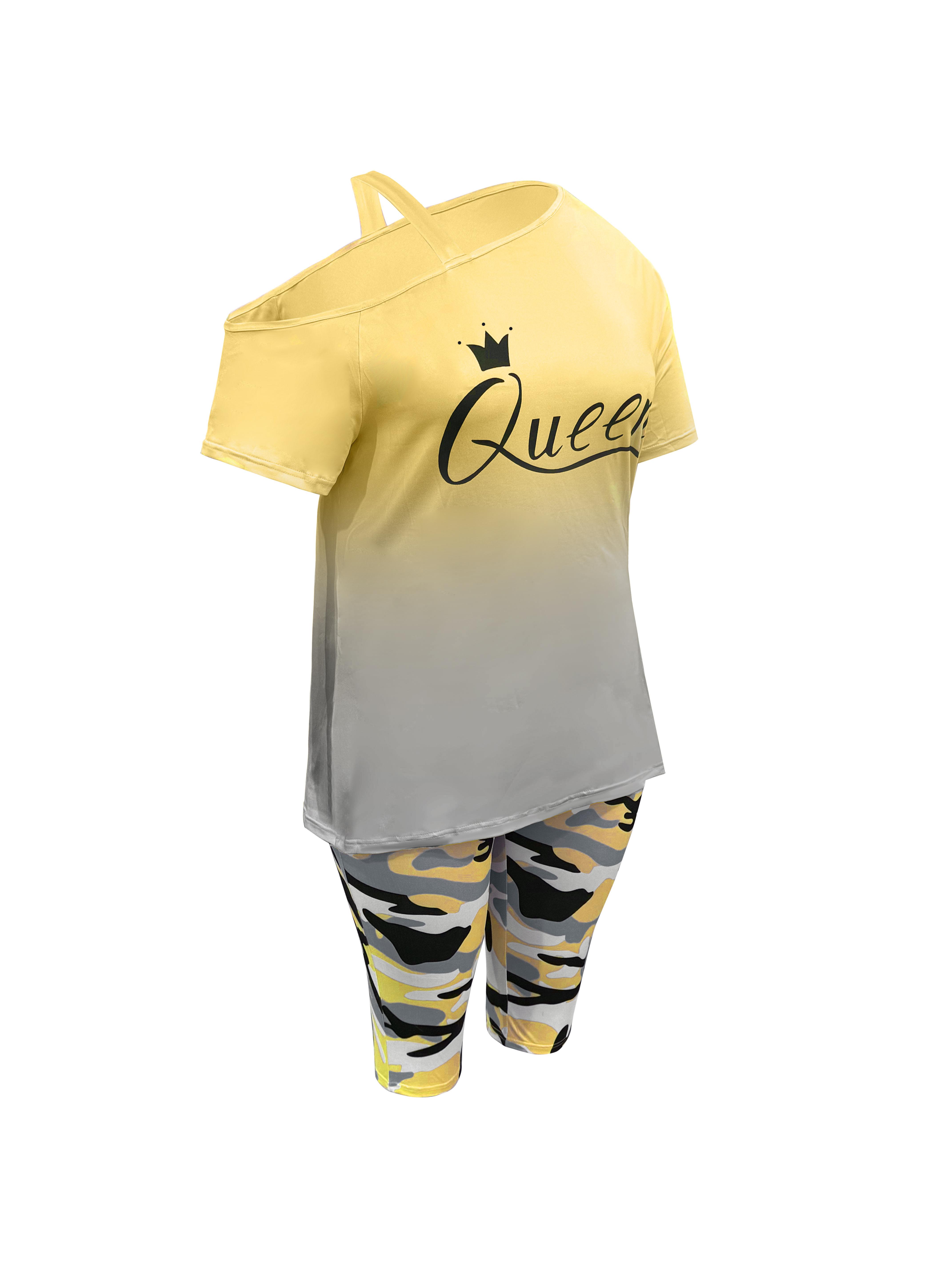 Women's 2-Piece Casual Chic Cowl Neck Shortsleeve Outfits - "Queen" Lettering Camisole, Camouflage Shorts, Casual Vacation Wear, Casual Chic Set
