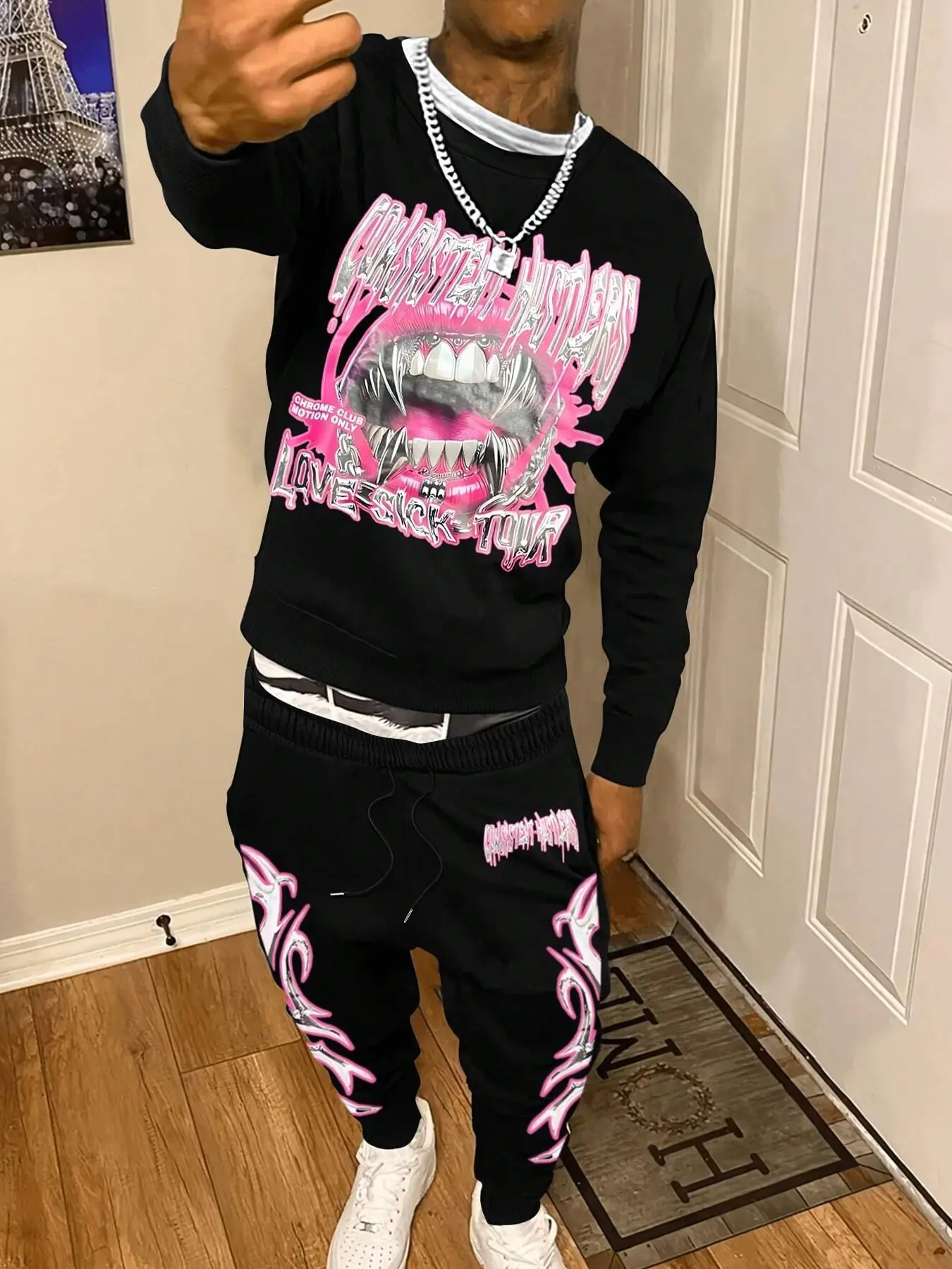 Men's Cartoon Print Hoodie & Sweatpants Set, Casual Fitted Drawstring Pullover, Fall Winter Street Style, Comfortable Home Wear