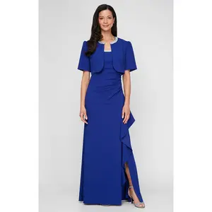 Petite Long Stretch Crepe Bolero Jacket Dress with Embellished Square Neckline & Jacket and Cascade Ruffle Detail Skirt