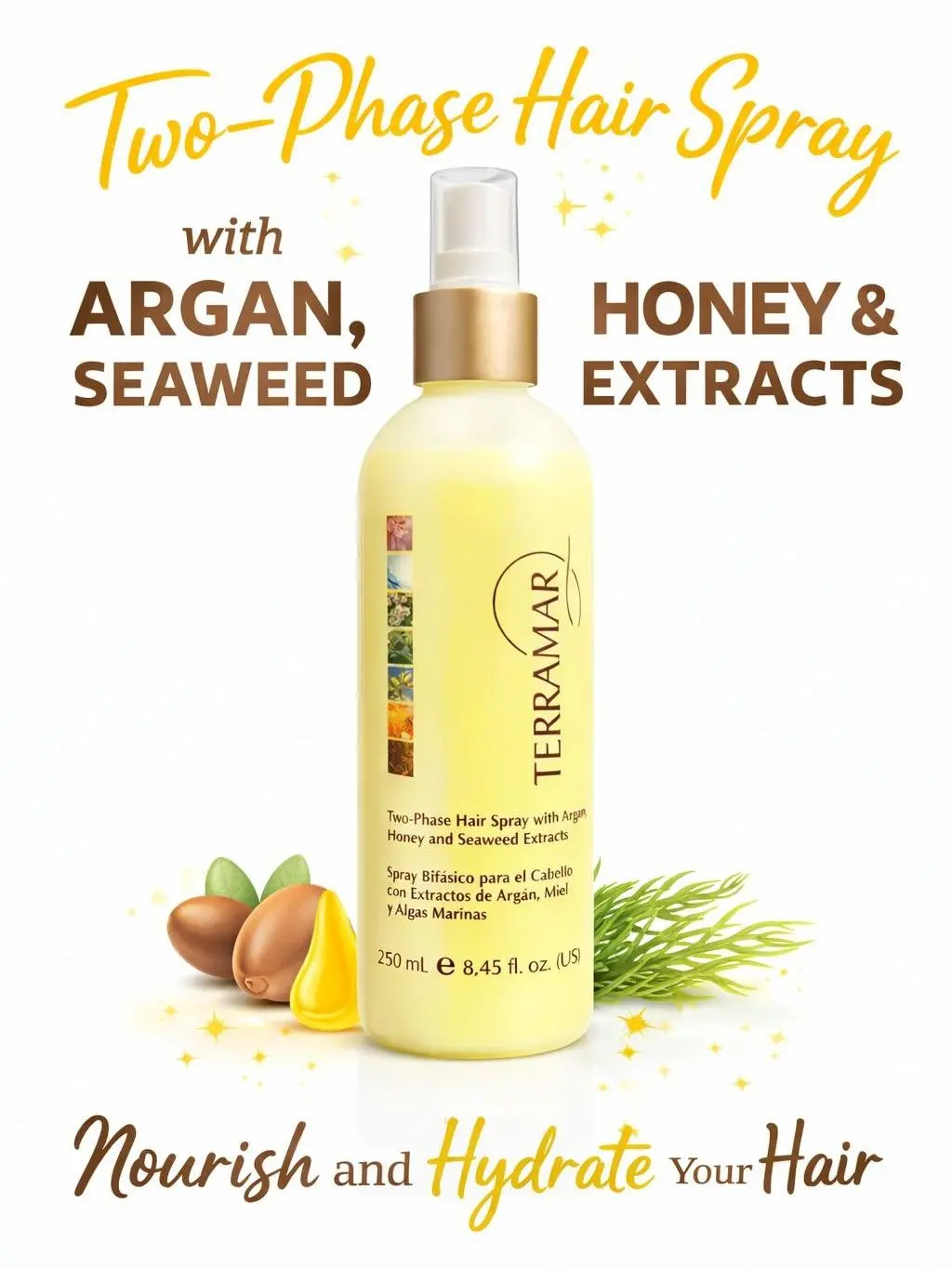 Terramar Biphasic Hair Spray - Nourishing Hair Treatment, Moisturizing Hydrating Plant Extract Haircare with Argan Oil, Honey, Seaweed Infusions, Daily Packaged Leave-In Treatment