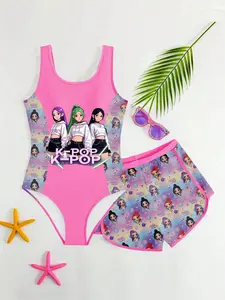 Kpop Anime Girl Printed Swimwear Set, Sleeveless One-Piece Swimsuit and Shorts 2 Piece Set, High Stretch Fabric, Perfect for Swimming and Beach