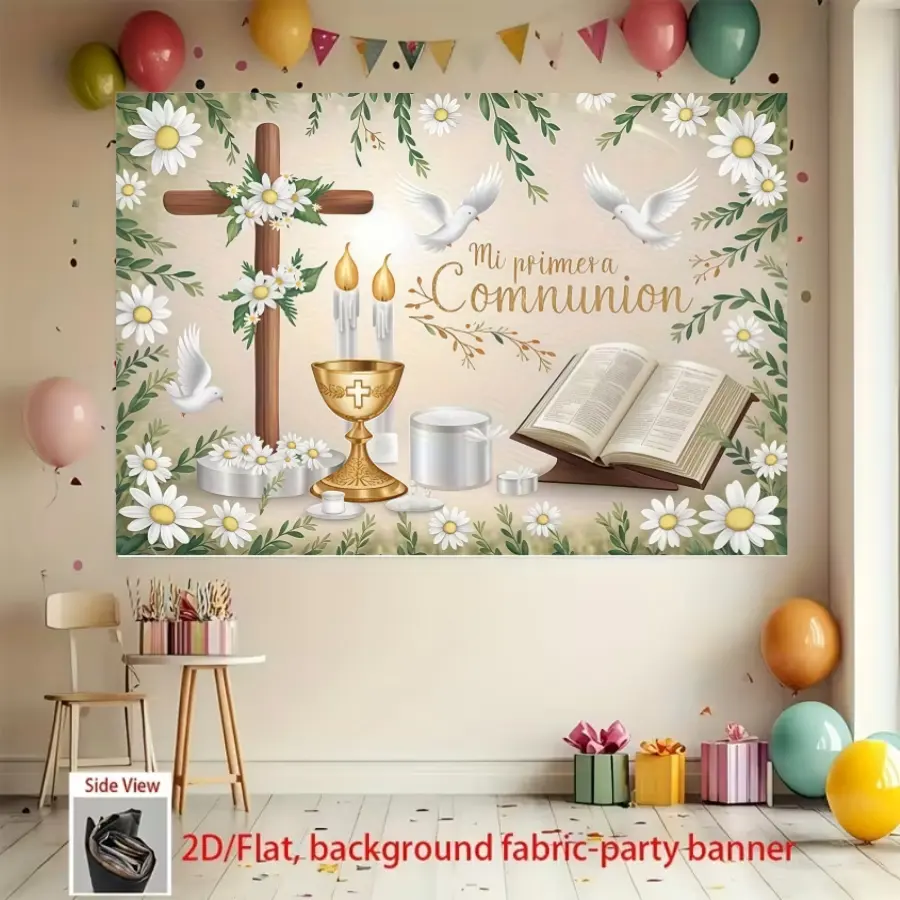 My first communion party background banner, Party Decorations Banners, communion celebration decoration, photo background props, Polyester Fabric Backdrop, suitable for home decoration, party supplies and gifts, holiday party decoration