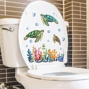 Removable Self-Adhesive Under The Sea Toilet Stickers Seaweed Coral Sea Turtle Toilet Lid Decals Peel & Stick Bathroom WC Restroom Wall Art Decor Mural